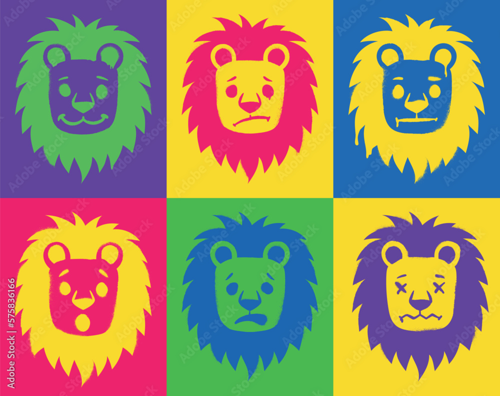 Lion graffiti set. NFT artwork with wild animal face in retro style. Non fungible token or crypto asset. Character expresses different emotions. Cartoon flat vector illustration collection