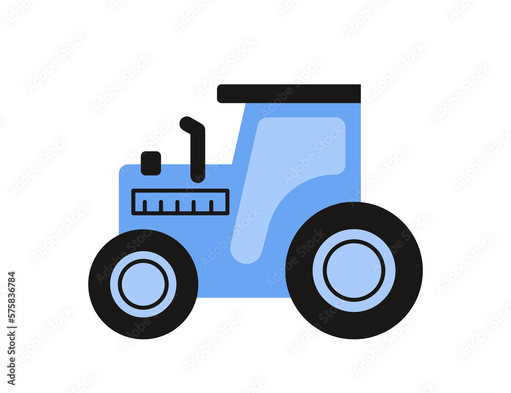 Agricultural equipment. Colorful sticker with blue tractor for harvesting and transporting crops. Machine for farming in countryside. Cartoon flat vector illustration isolated on white background