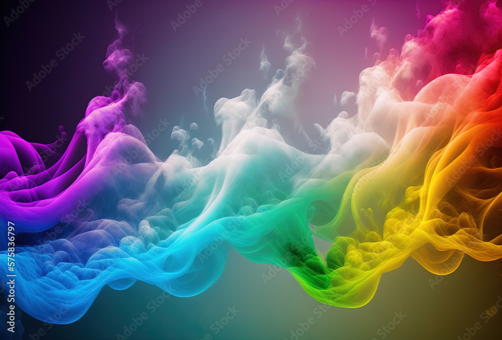 Bubbles of multicolored neon smoke, ink. An explosion, a burst of holi paint. Abstract psychedelic black dark background. 3D rendering. AI generated.