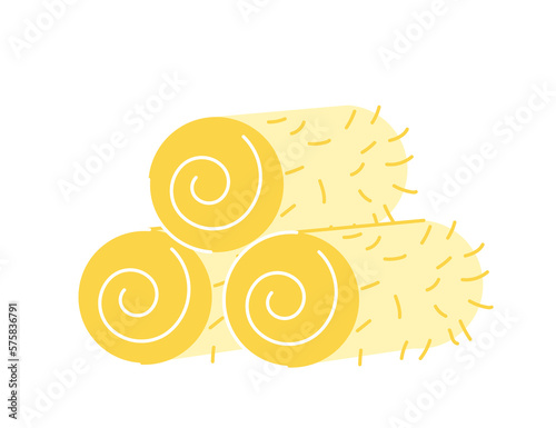 Bale of hay. Sticker with twisted haystacks in form of roll. Heap of dry straw in hayloft. Harvesting wheat. Farming and agriculture. Cartoon flat vector illustration isolated on white background