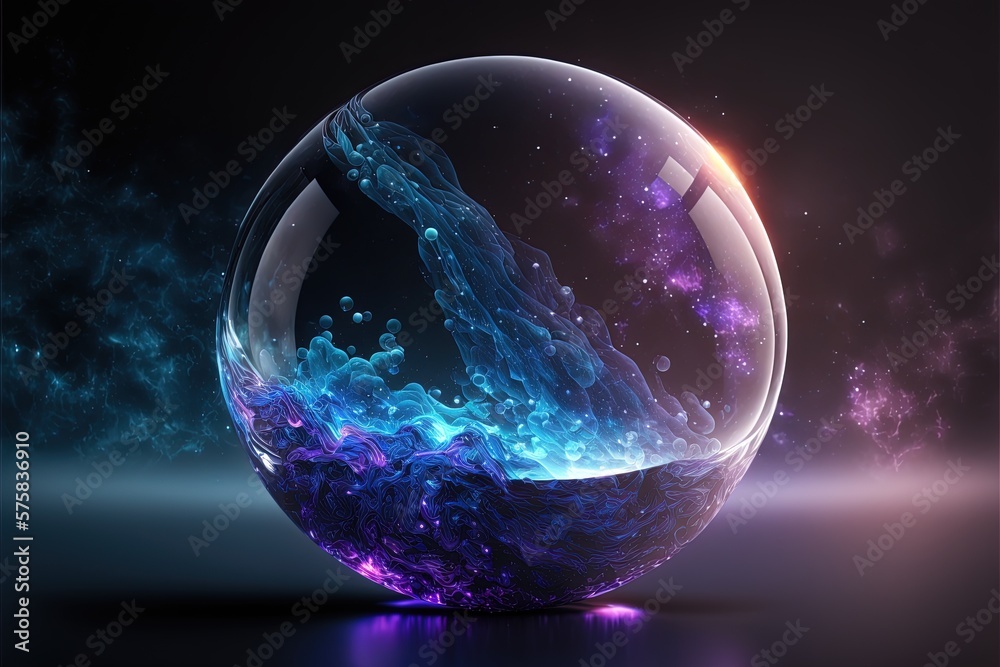 Glass magic ball filled with cosmic plasma. Transparent magic sphere on the background of galaxies, starry nebula. 3D rendering. AI generated.