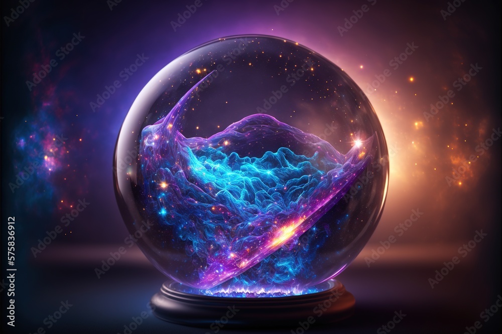 Illustrazione Stock Glass magic ball filled with cosmic plasma. Transparent  magic sphere on the background of galaxies, starry nebula. 3D rendering. AI  generated. | Adobe Stock