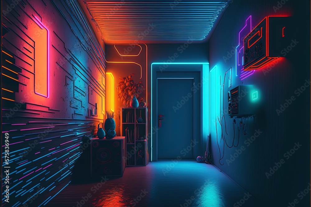 Fantastic neon tunnel, virtual art gallery concept . Immersion in virtual reality, artificial intelligence. Dark abstract background with multicolored glow. 3D rendering. AI generated.