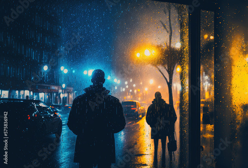 Dark silhouettes of people, rain, reflections in the wet glass. Night city street illuminated by neon light. 3D rendering. AI generated.