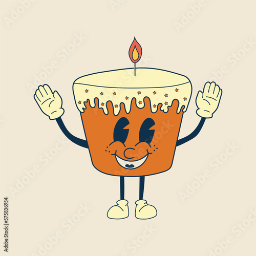 Retro easter cake mascot. Cute character in trendy retro 60s 70s cartoon style. Vector hand drawn illustration