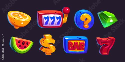 Set of casino cartoon slot machine icon. Cartoon gambling game ui element in vector. 777, dollar, watermelon and bar asset for online gamble website. Glossy lottery vector illustration collection.