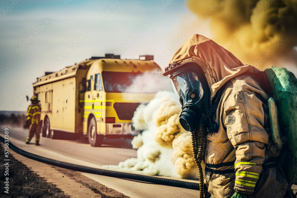 Fireman background burn truck. Car freight with oil and hazardous crashed on highway. Generation AI Fireman background burn truck. Car freight with oil and hazardous crashed on highway. Generation AI