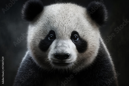 Cute panda, animal portrait. Sad mammals from bear family indoors, Generative AI