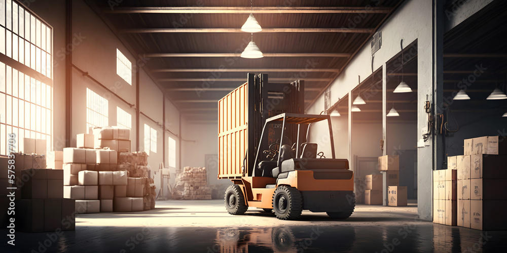 Forklift with box working in Warehouse industrial premises for storing materials. Concept banner center of logistic storage. Generation AI Forklift with box working in Warehouse industrial premises for storing materials. Concept banner center of logistic storage. Generation AI