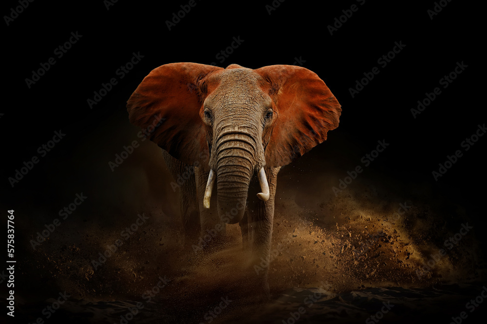 Amazing African elephant with dust and sand. A large animal runs towards the camera. Wildlife scene. Loxodonta africana - obrazy, fototapety, plakaty 