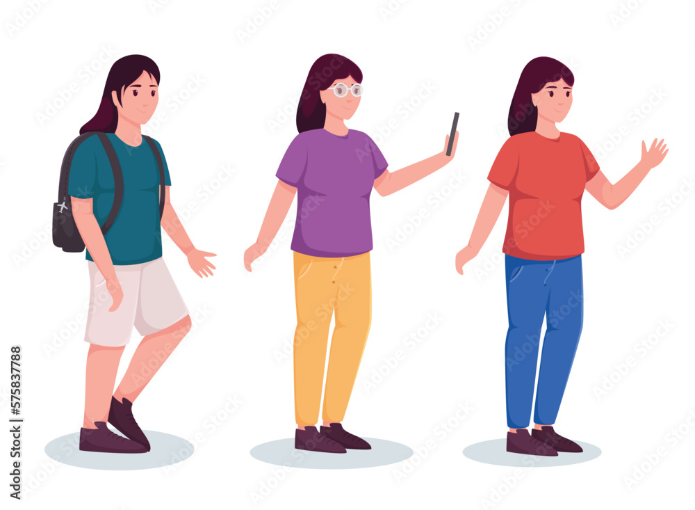 set of character woman in casual wear standing vector illustration set of character woman in casual wear standing vector illustration