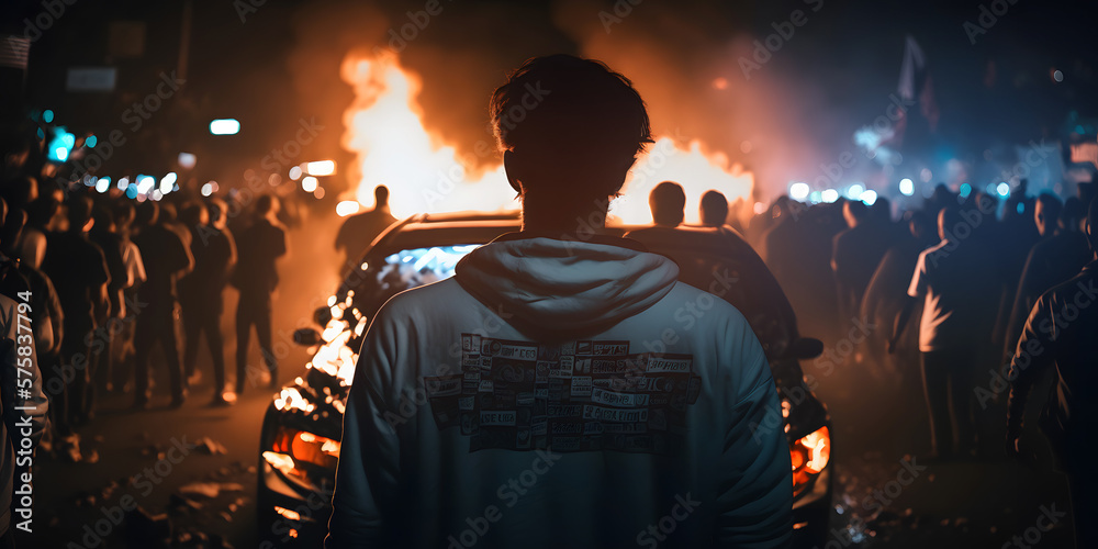 Back view Aggressive football fans in hood against backdrop burning cars. Concept banner protesters riot people. Generation AI