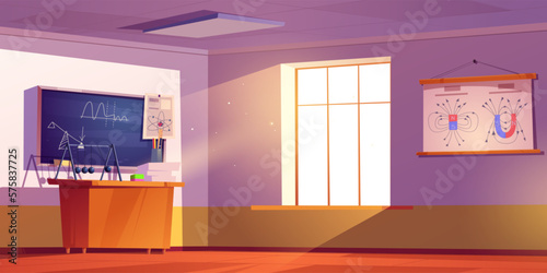 Empty school physics classroom with chalkboard and window cartoon background. Science room with poster in college vector illustration with teacher table. Education equipment for game learning app.