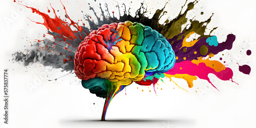 Art brain explodes with paints with colorful splashes on white background. Concept idea creative. Generation AI.
