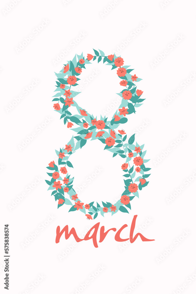 International Women's Day  postcard. Digit eight made of simple hand drawn tender flowers with text 8 march.