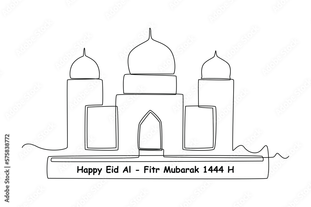 Continuous one line drawing greeting card for Eid Mubarak festival with Mosque 1444H. Eid al-Fitr concept. Single line draw design vector graphic illustration. Continuous one line drawing greeting card for Eid Mubarak festival with Mosque 1444H. Eid al-Fitr concept. Single line draw design vector graphic illustration.