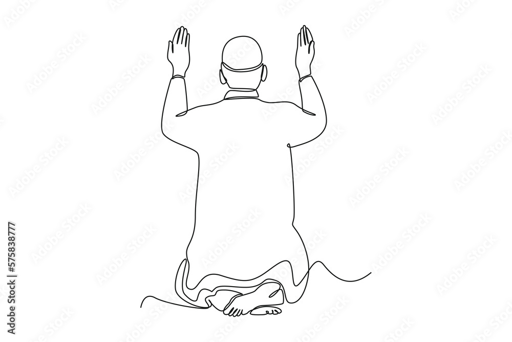 Continuous one line drawing muslim man raising hands for prayer. Eid al-Fitr concept. Single line draw design vector graphic illustration. Continuous one line drawing muslim man raising hands for prayer. Eid al-Fitr concept. Single line draw design vector graphic illustration.