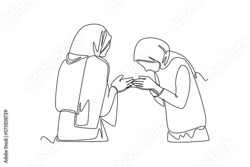 Continuous one line drawing happy girls shaking hands with each other when Eid Mubarak. Eid al-Fitr concept. Single line draw design vector graphic illustration.