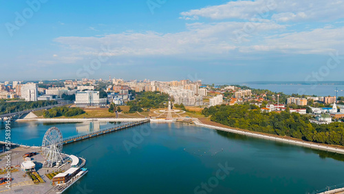 Cheboksary, Russia - August 26, 2022: Mother is the patroness. Cheboksary bay, Aerial View