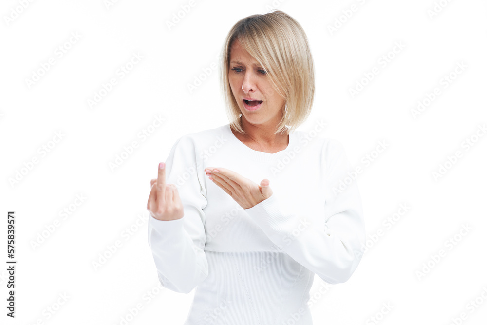 Picture of blonde woman showing middle finger isolated over white background Picture of blonde woman showing middle finger isolated over white background