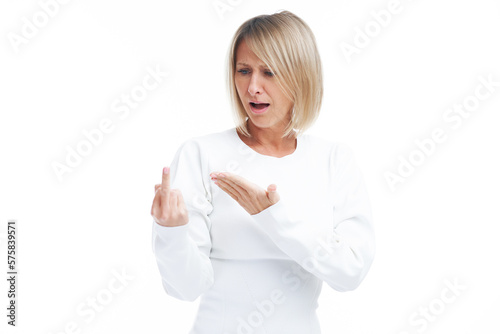 Picture of blonde woman showing middle finger isolated over white background