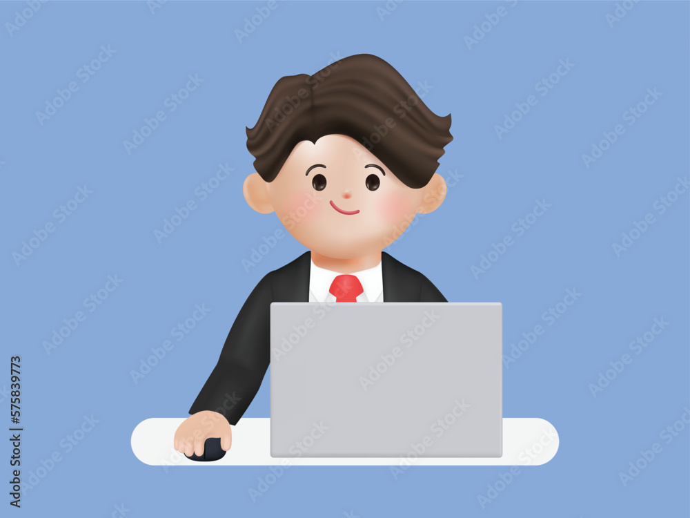 Businessman working on laptop computer in office. 3d character Isolated on white background. Vector Illustration Businessman working on laptop computer in office. 3d character Isolated on white background. Vector Illustration