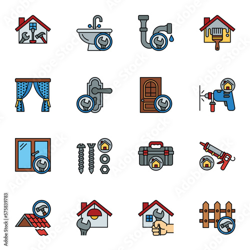 Home repair and renovation flat line color icons set.