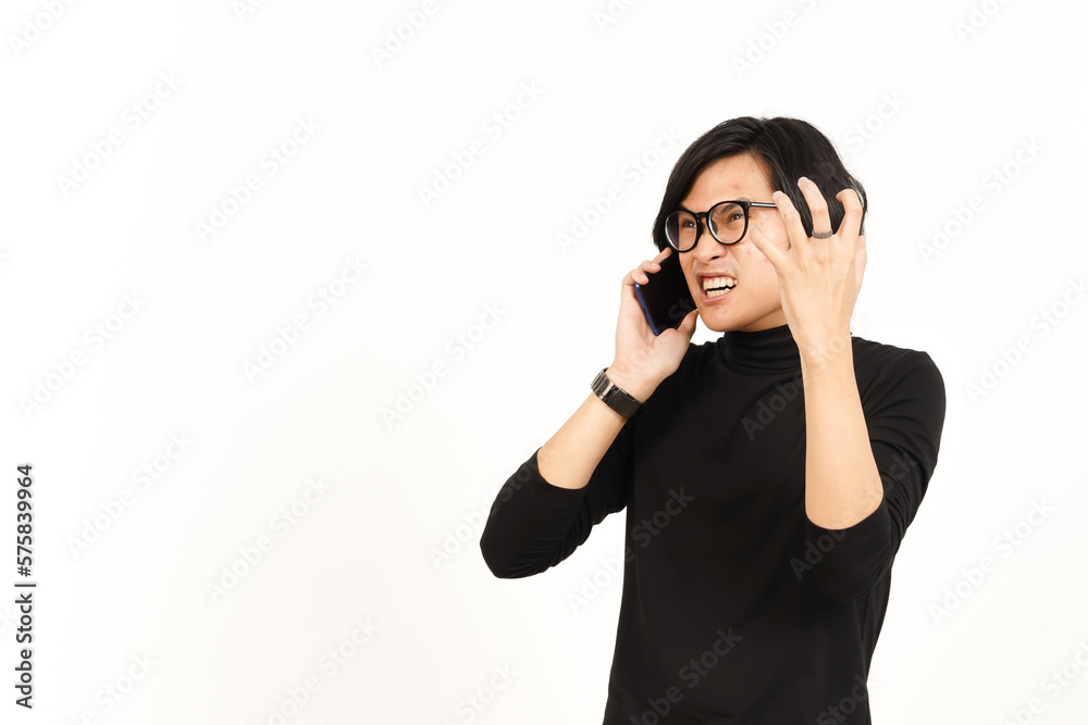 Make a Phone Call Using smartphone with Angry Face Of Handsome Asian Man Isolated On White Make a Phone Call Using smartphone with Angry Face Of Handsome Asian Man Isolated On White