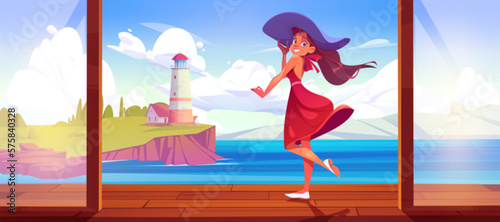Girl on terrace with sea lighthouse view scene vector cartoon background. Ocean shore with cliff landscape. Female tourist in hotel on vacation. Peaceful rocky nature nautical horizon.