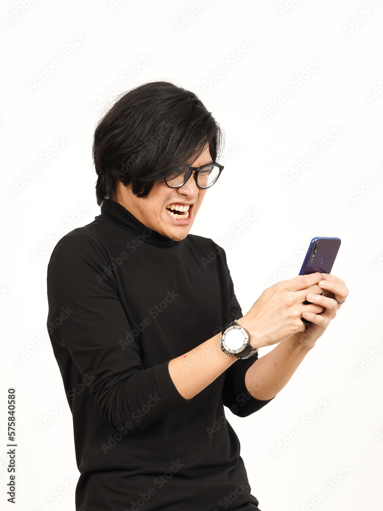 Holding and Using Smartphone with angry face Of Handsome Asian Man Isolated On White Background