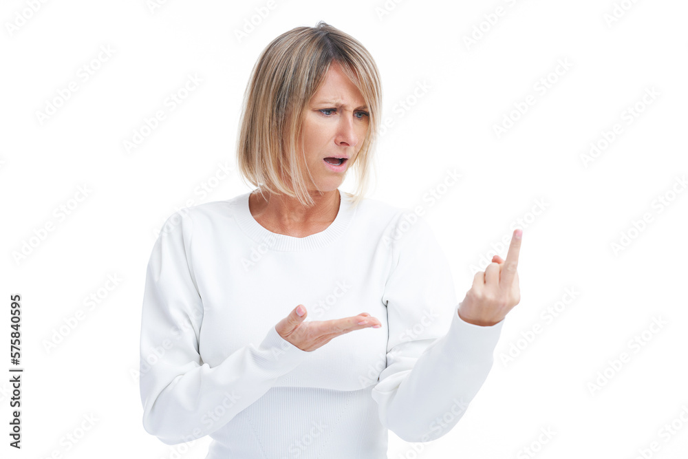 Picture of blonde woman showing middle finger isolated over white background Picture of blonde woman showing middle finger isolated over white background