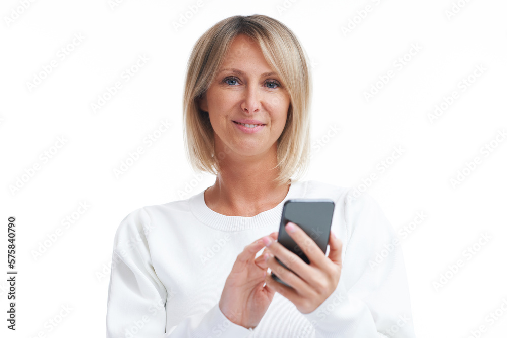 Picture of blonde woman over back isolated background with mobile phone Picture of blonde woman over back isolated background with mobile phone