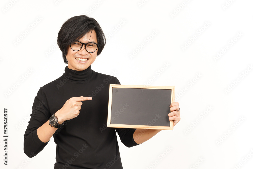 Showing, Presenting and holding Blank Blackboard Of Handsome Asian Man Isolated On White Background Showing, Presenting and holding Blank Blackboard Of Handsome Asian Man Isolated On White Background