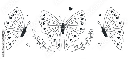 Beautiful butterfly pattern in black and white style on a white background. Vector illustration for decoration, postcards, print