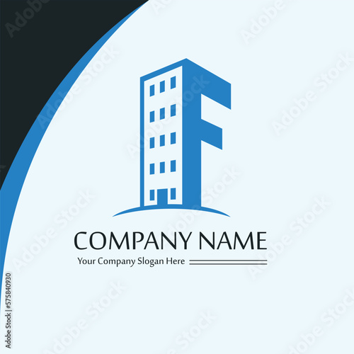 F logo for business commercial or non profit organization. Logo contains a building and F latter entwined together to form a creative and unique corporate logo shape