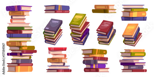 Books stacks and piles for study and read in library, school or bookstore. Education literature, dictionaries, stories in color covers, vector realistic illustration