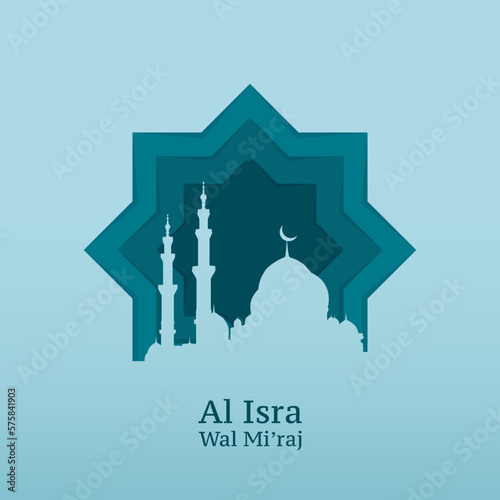 Isra mi'raj Greeting Design with Mosque and Paper style