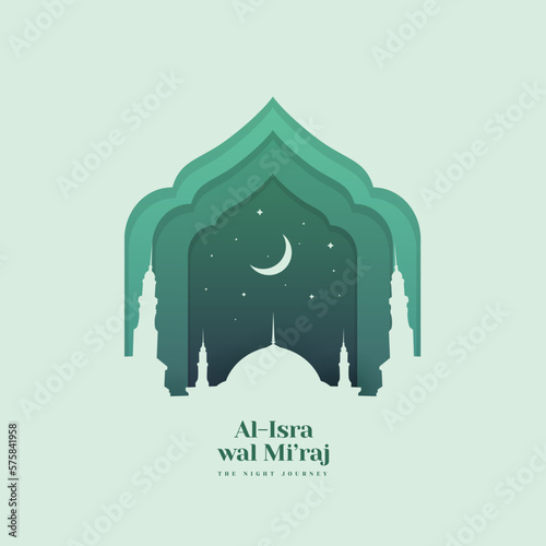 Isra mi'raj Greeting with Mosque and Paper style Design Template Background