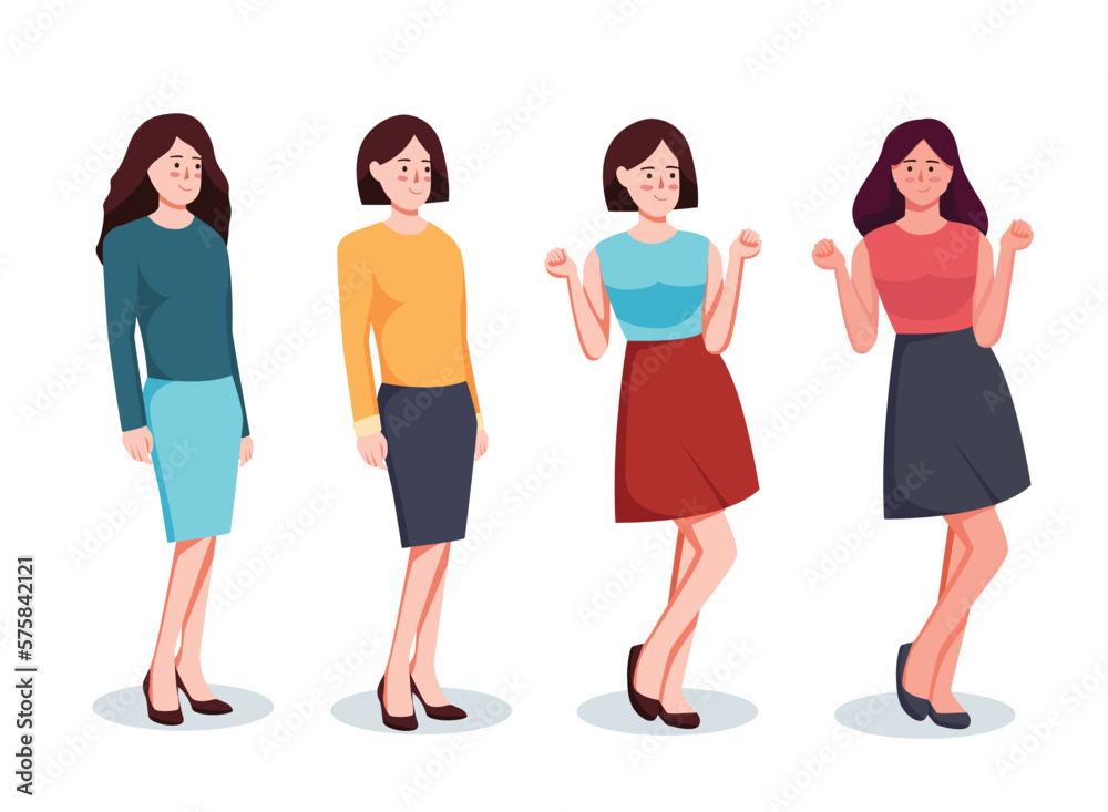 set of character woman in casual wear standing vector illustration