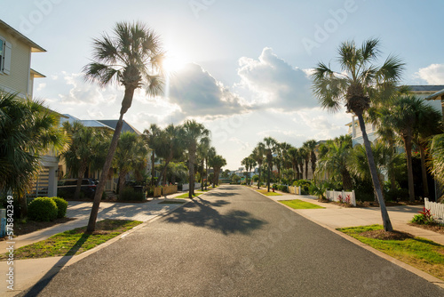 Destin, Florida- Street in a residential area with sidewalks along the palm trees on the sides. Asphalt road in the middle of fenced houses and a background of sun and clouds in the sky.