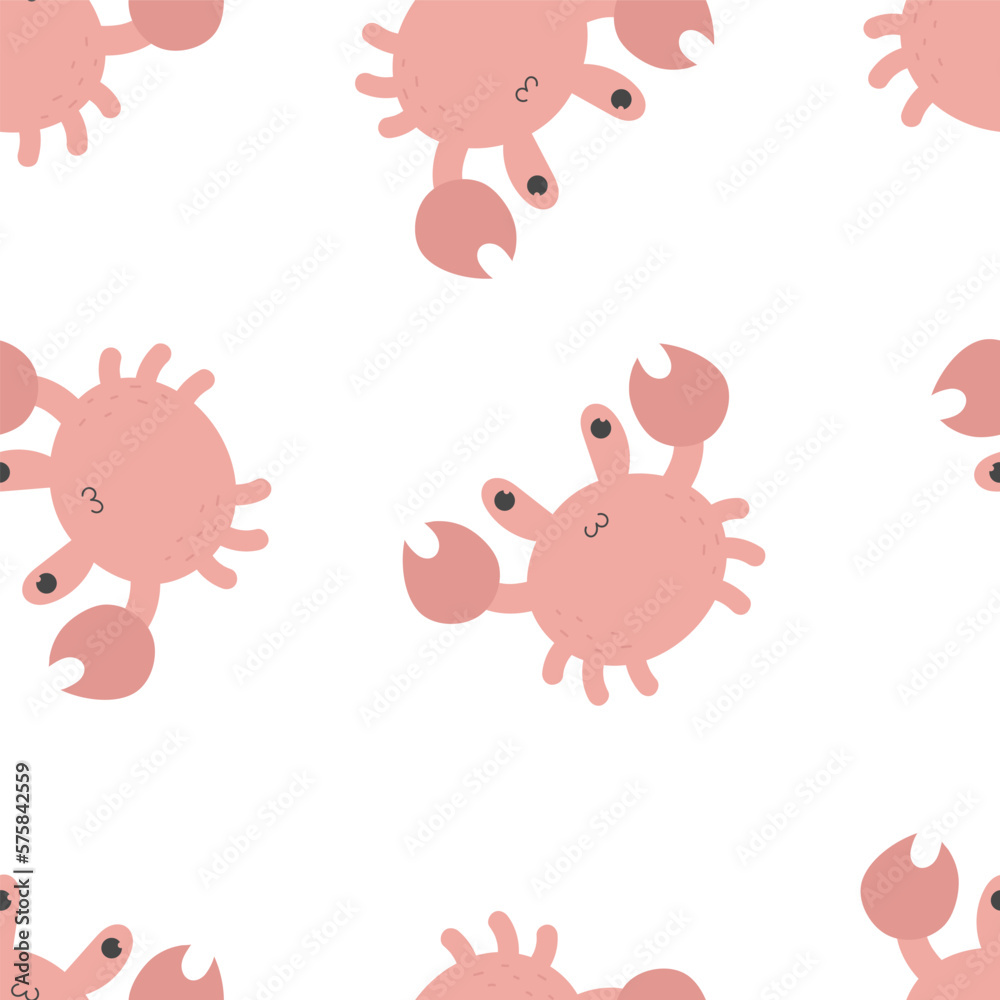Seamless pattern with cartoon crab. flat style vector. Hand drawing for kids. sea world. baby design for fabric, textile, print, wrapper