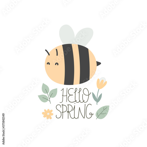 hello spring. Cartoon bee  hand drawing lettering. colorful spring vector illustration  flat style. design for print  greeting card  poster decoration  cover