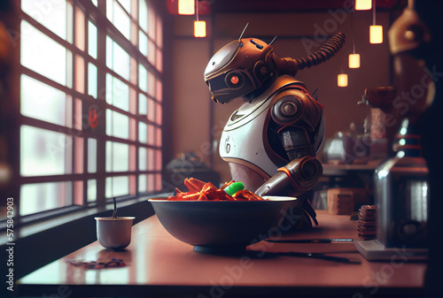 Gourmet humanoid robot as customer eating food in the restaurant. Business technology and innovation concept. Generative AI