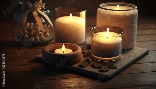 candles on a table, cozy spa or room decoration, generative ai illustration