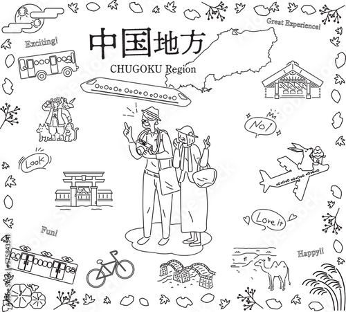 日本の中国地方の秋の名物観光を楽しむシニア夫婦、アイコンのセット（線画白黒）
