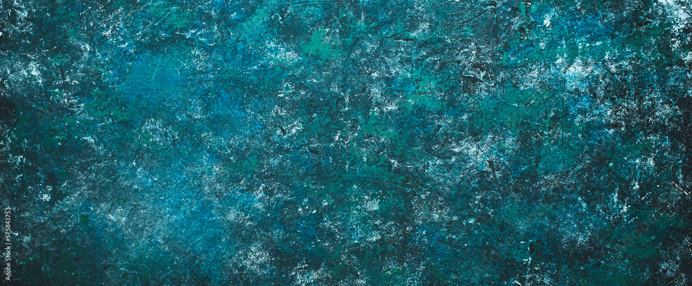 Green, blue, gray spotted scratched painted grunge texture or background with grain elements. Image with place for text. Template for design, banner