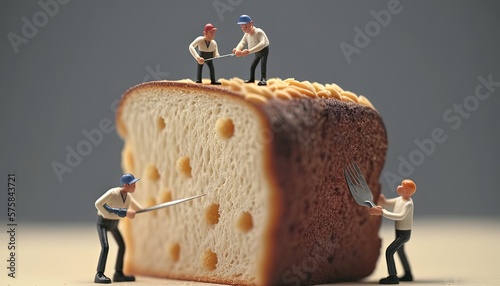 miniature man help each other cutting bread, Generative Ai