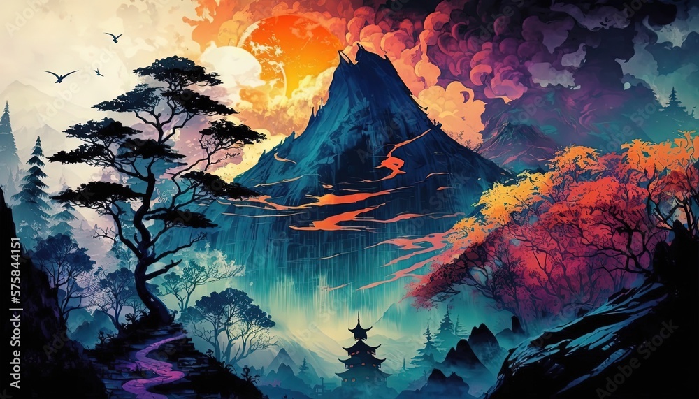 Fototapeta premium paint like illustration of Asian nature landscape, Generative Ai