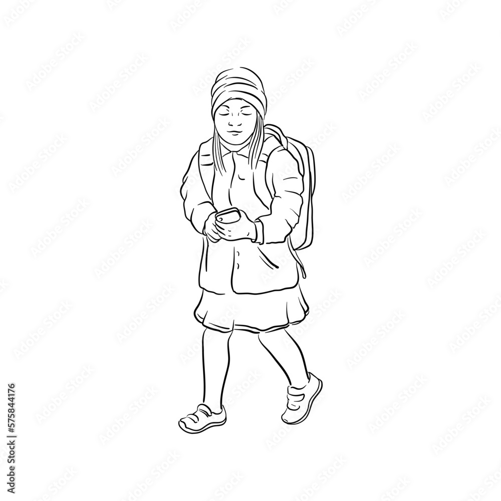 vector line drawing sketch of school girl with backpack and mobile phone, hand drawn illustration