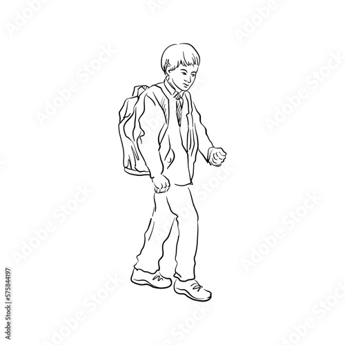 vector line drawing sketch of schoolboy with backpack, schoolchild, hand drawn illustration